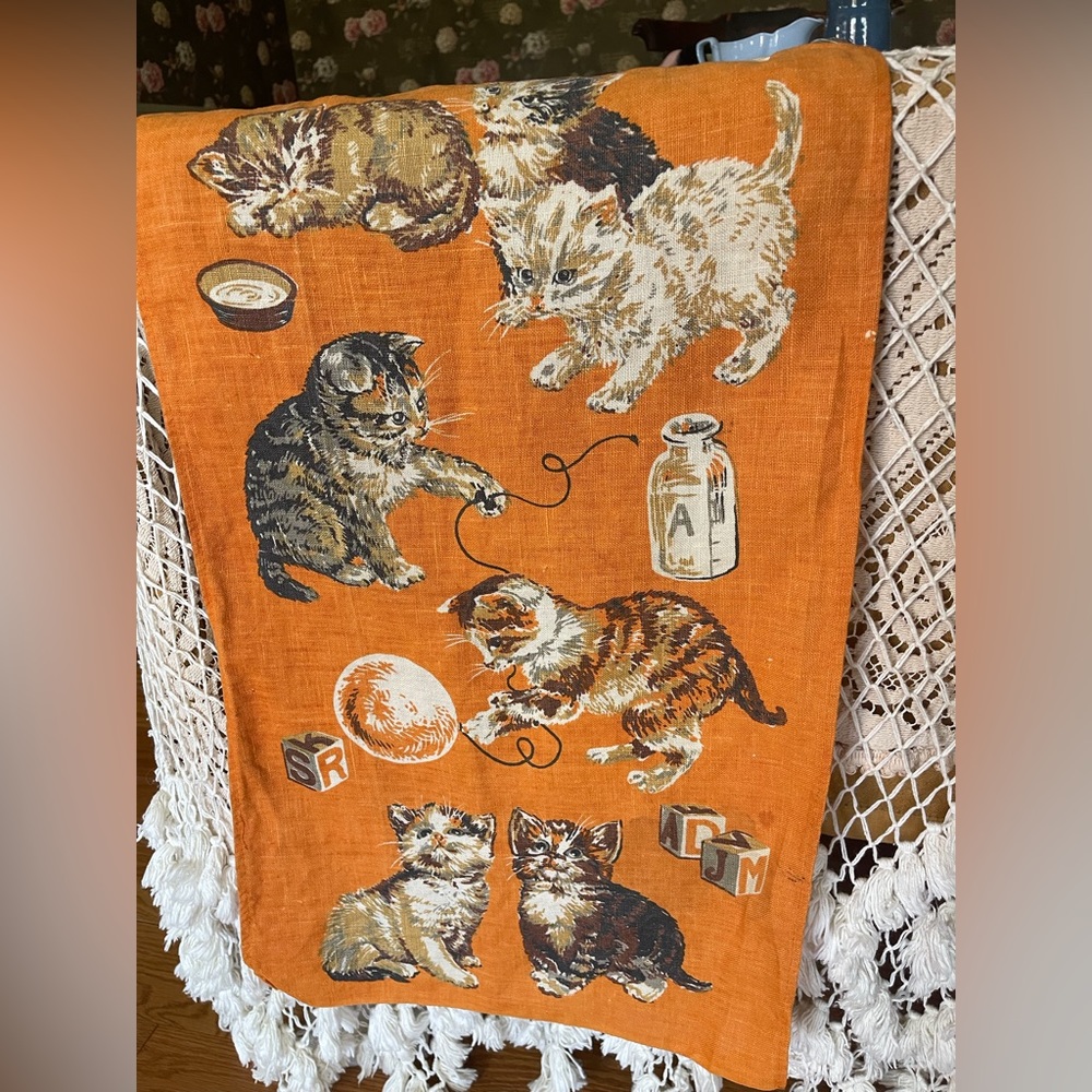 🐈 Vintage Linen Kitten Cat fabric Panel 🐈 - Picture 3 of 12